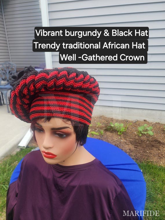 Toghu Bamenda Hat Burgundy Black | Handwoven Bamileke Twine Cap | Cameroon Unisex African Heritage