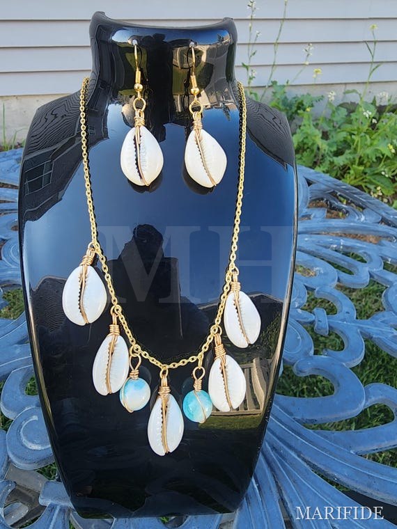 Cowries Shell Necklace and earrings Handmade/African Heritage Gemstone Jewelry with 14k gold plated chain.
