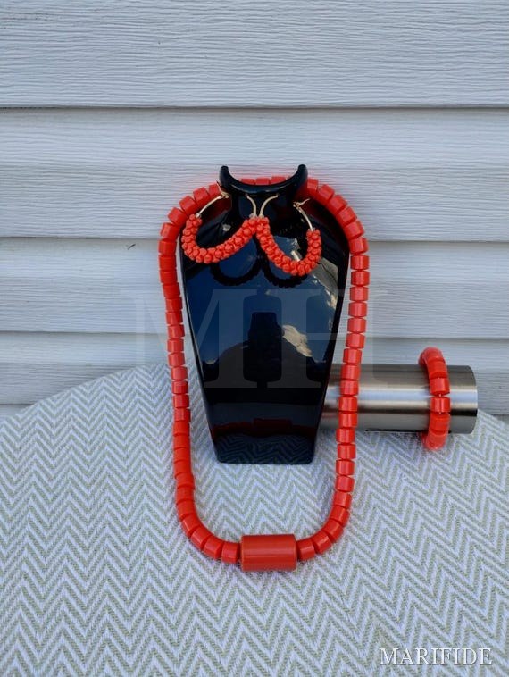 African Traditional Coral Jewelry Set | Nigerian Wedding Beads Necklace Bracelet Earrings Unisex | Igbo Cultural Bridal Accessories Set/