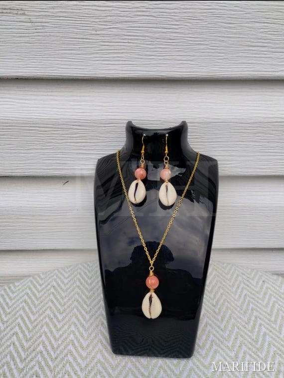 Cowries Shell Necklace and earrings Handmade/African Heritage Gemstone Jewelry with 14k gold plated chain.